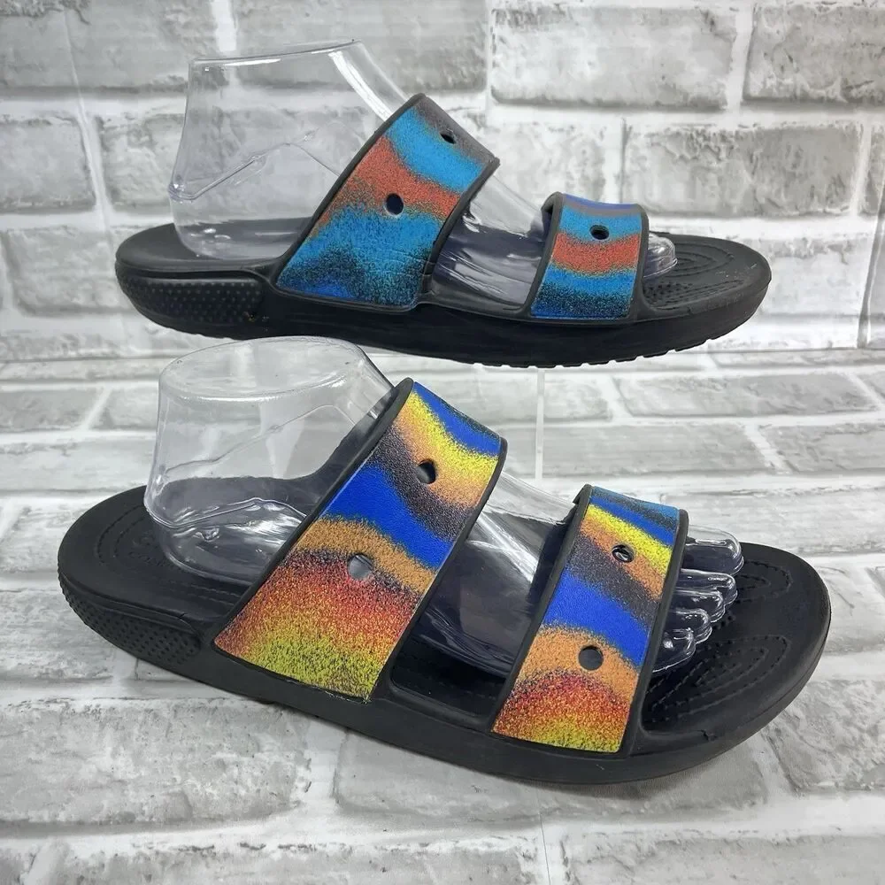 Crocs Unisex Classic Rainbow Pride Two Strap Slide Sandals Men 9 /Women 11
